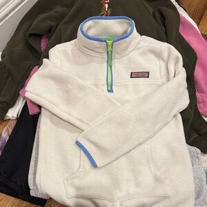 Vineyard Vines Kids Cream Fleece Half-Zip Pullover with Blue & Neon Green Trim